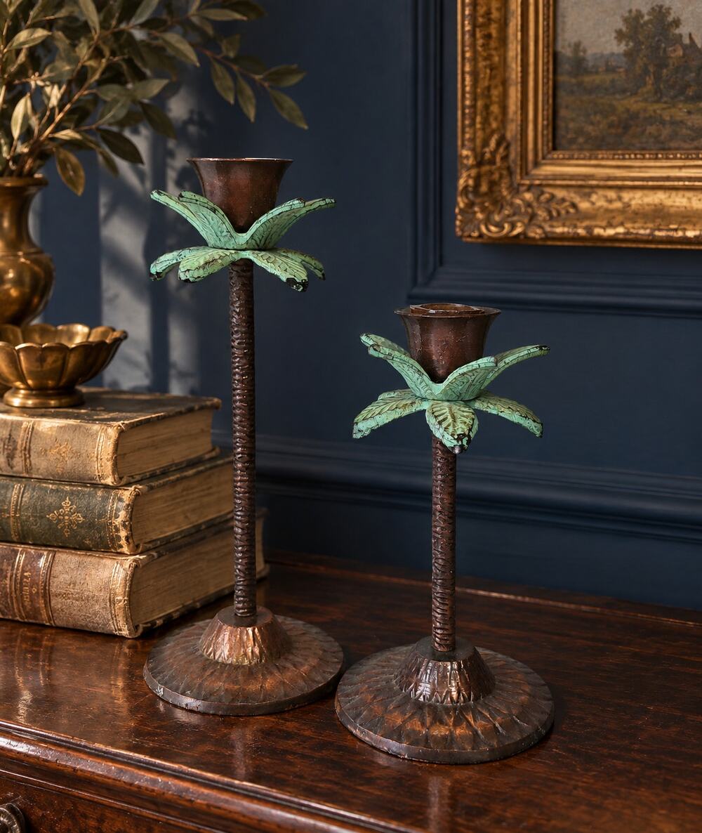 Palm Tree Candle Holders Set of 2 Metal Tropical Coastal Decor